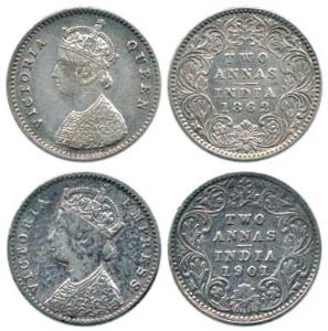 Victoria Queen / Empress, Silver (2) 2 Annas, 1862 and 1901. Very Fine to Very Fine+. (2)