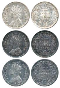 Victoria Empress, Silver (3), 2 Annas, 1887, Bombay Mint, 1894 Bombay Mint, 1896 Bombay Mi