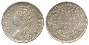 Victoria Empress, Silver 2 Annas, 1900, Bombay Mint, 'B' raised, Error extra metal struck 