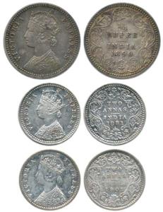 Victoria Empress, Silver (3), ¼ Rupee, 2 Annas, 1890, Calcutta Mint, ¼ Rupee 1881, Bombay 