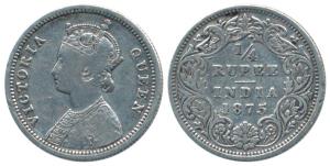 Victoria Queen, Silver ¼ Rupee, 1875, Calcutta Mint, obv. A, rev. I. About Very Fine, Scar