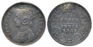 Victoria Empress, Silver ¼ Rupee, 1881, Bombay Mint, obv. A, rev. II, dot. Very Rare, slig