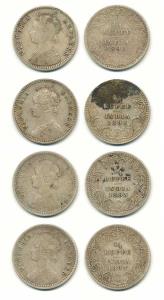 Victoria Empress, Silver ¼ Rupee (4), 1890, Bombay Mint, 'B' incuse, 1893 (2), Calcutta Mi