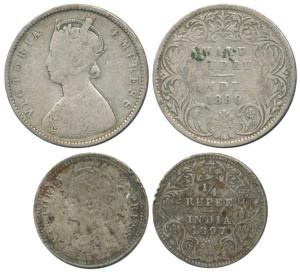 Victoria Empress, Silver (2), ½ Rupee and ¼ Rupee, 1899, Bombay Mint and 1897, Calcutta Mi