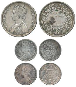 Victoria Queen / Empress, Silver (3), ½ Rupee, 2 Annas, 1862, ½ Rupee and 1886, 1891, 2 An