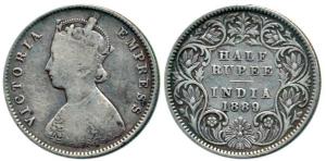 Victoria Empress, Silver, ½ Rupee, 1889,Calcutta Mint, obv. A, rev. I, 'C' Incuse. Fine.