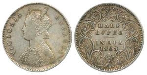 Victoria Empress, Silver ½ Rupee, 1893, Calcutta Mint, A / I / 'C' incuse. About Very Fine