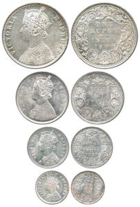 Victoria Empress, Silver (4), Rupee, ½ Rupee, ¼ Rupee and 2 Annas, 1900, 1899, 1898 and 18