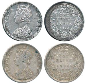 Victoria Queen, Crowned, Silver Rupee (2), 1874, Bombay Mint, C1 / II / No dot. Rare, Fine