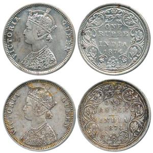 Victoria Queen, Silver Rupee (2), 1874, Bombay Mint, C1 / II / No dot. Rare, About Very Fi