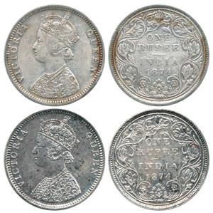 Victoria Queen, Silver Rupee (2), 1874, Bombay Mint, C1 / II / No dot. Rare, About Very Fi