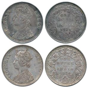 Victoria Queen, Silver Rupee (2), 1874, Bombay Mint, C1 / II / No dot. Rare, Very Fine to 