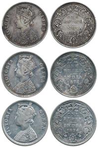 Victoria Queen, Silver Rupee (3), 1874, Bombay Mint, C1 / II / No dot. Rare, Fine+ to Very