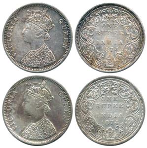 Victoria Queen, Silver Rupee (2), 1874, Bombay Mint, C1 / II / No dot. Rare, Fine+ to Very