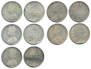 Victoria Queen / Empress, Silver Rupee (5), 1874, Bombay Mint, A2 / II / No dot, 1875, Bom