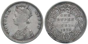 Victoria Queen, Silver Rupee, 1875, Bombay Mint, C1 / II / dot. Rare, Fine+.