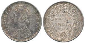 Victoria Queen, Silver Rupee, 1875, Bombay Mint, C1 / II / dot. Rare, About Very Fine.