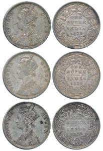 Victoria Queen, Silver Rupee (3), 1875, Bombay Mint, A2 / II / dot. Fine+ to Very Fine. (3