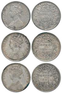 Victoria Queen, Silver Rupee (3), 1875, Bombay Mint, A2 / II / dot. Fine+ to Very Fine. (3