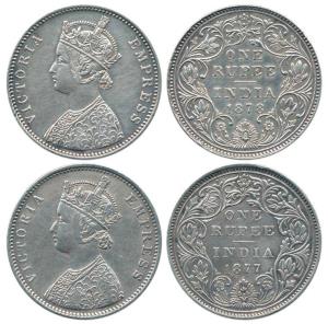 Victoria Empress, Silver Rupee (2), 1877, Bombay Mint, A2 / II / dot and 1878, Bombay Mint