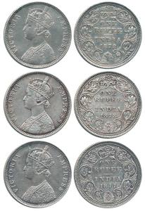 Victoria Empress, Silver Rupee (3), 1877, Bombay Mint, A3 / II / dot, 1878, A3 / II / dot 