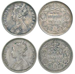 Victoria Empress, Silver Rupee (2), 1878, Bombay Mint, A3 / I / dot. Rare, Fine+ to About 