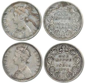 Victoria Empress, Silver Rupee (2), 1878, Bombay Mint, A3 / I / dot. Rare, Fine+. (2)
