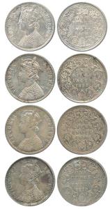Victoria Empress, Silver Rupee (4), 1878, Calcutta Mint, A1 / I / No mm, 1880, Bombay Mint