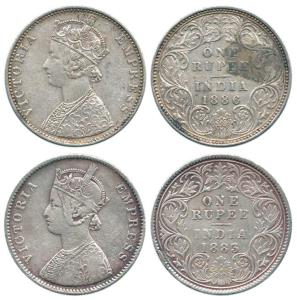 Victoria Empress, Silver Rupee (2), 1883, Calcutta Mint, A1 / I / 'C' incuse, and 1886, Bo