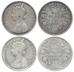 Victoria Empress, Silver Rupee (2), 1885, Bombay Mint, A3 / IV / 'B' incuse. Rare, Unliste