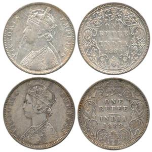 Victoria Empress, Silver Rupee (2), 1885, Bombay Mint, A3 / II / 'B' raised, 1888, Bombay 