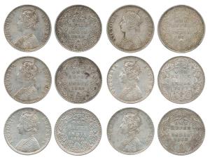 Victoria Empress, Silver Rupee (6), 1889 (2), 1890, 1892, 1893, all are C2 / I / 'B' incus