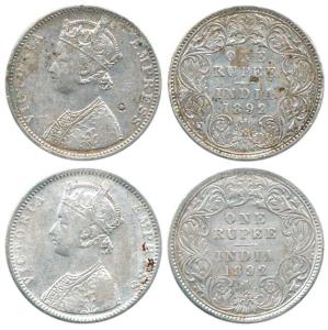 Victoria Empress, Silver Rupee (2), 1892, Bombay Mint, C2 / I / 'B' raised, big 'B'. Fine+