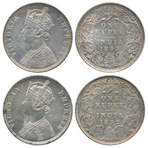 Victoria Empress, Silver Rupee (2), 1892, C2 / I / 'B' incuse, 1893, C2 / I / 'B' incuse, 