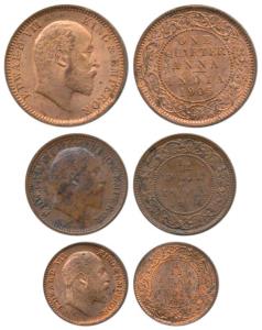 Edward VII, Copper (3), ¼ Anna, ½ Pice and 1/12 Anna, 1905, 1906 and 1905. Extremely Fine 