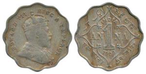 Edward VII, Cupro-Nickel, 1 Anna, 1908, Bombay Mint with 'B' incuse. About Very Fine, Scar