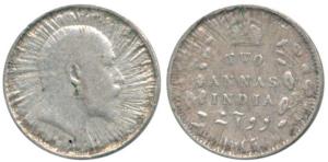Edward VII, Silver 2 Annas, 1907, Calcutta Mint, struck from damaged Die. Very Fine, Scarc