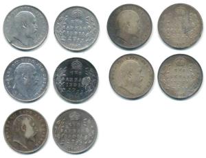 Edward VII, Silver (5), 2 Annas, 1907 (4) and 1908, Calcutta Mint. Fine+ to Extremely Fine