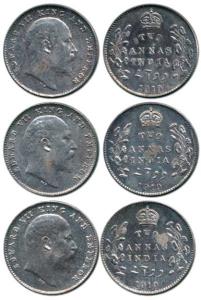Edward VII, Silver (3), 2 Annas, 1910, Bombay Mint. Very Rare, Unlisted, Extremely Fine. (