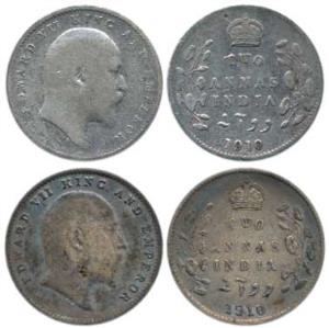Edward VII, Silver (2), 2 Annas, 1910, Calcutta Mint. Fine+ to About Very Fine, Scarce. (2