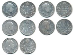 Edward VII, Silver (5) 2 Annas, 1907 (4), 1910, Calcutta Mint. Fine+ to About Very Fine. (