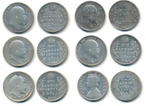 Victoria Queen / Edward VII, Silver (6), 2 Annas, 1876, 1906 (5), Calcutta Mint. Fine to F