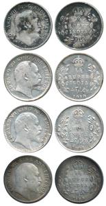 Edward VII, Silver (4), ¼ Rupee, 1904, 1905, 1906 and 1910 Calcutta Mint. Fine+ to Very Fi