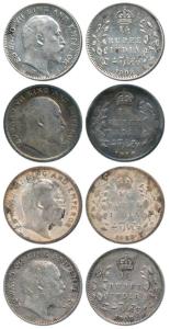 Edward VII, Silver (4), ¼ Rupee, 1906, 1908 (2) and 1910, Calcutta Mint. Fine to Very Fine