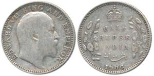 Edward VII, Silver ½ Rupee, 1906, Calcutta Mint, No mm. About Very Fine, Scarce.
