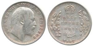 Edward VII, Silver ½ Rupee, 1907, Calcutta Mint, No mm. Very Fine.