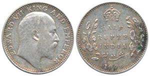 Edward VII, Silver ½ Rupee, 1908, Calcutta Mint, No mm. Very Fine+, Scarce.