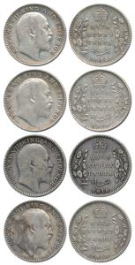 Edward VII, Silver ½ Rupee (4), 1910, Calcutta Mint, No mm. Fine+ to Very Fine. (4)