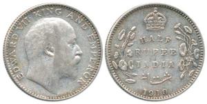 Edward VII, Silver ½ Rupee, 1910, Bombay Mint, 'B' incuse. Very Rare, Very Fine.