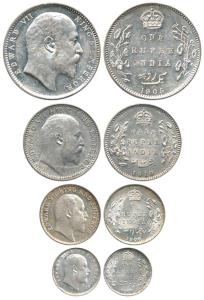 Edward VII, Silver (4), Rupee, ½ Rupee, ¼ Rupee and 2 Annas, 1905, 1910, 1906 and 1905. Ab